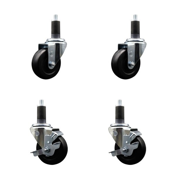 3.5'' Soft Rubber Wheel Swivel 1-1/4'' Expanding Stem Caster Set 2 Brakes, 4PK